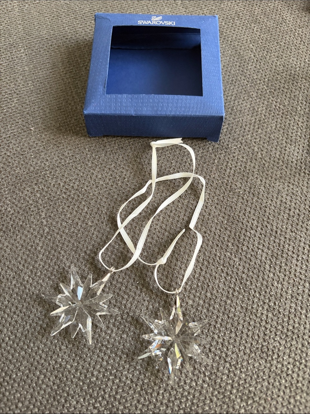 Swarovski Clear Crystal Star Pendant Necklace Pair with White Ribbon